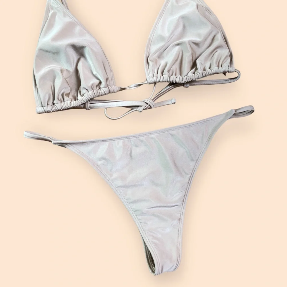 Shade & Shore Beige Shimmer Chain Two Piece Bikini Swimsuit Thong Women’s L/XL